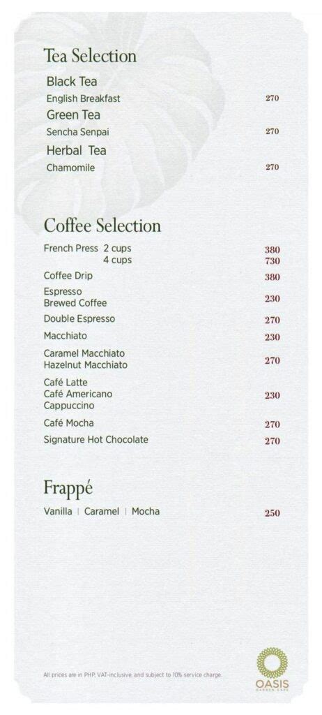 Oasis Garden Cafe Menu .